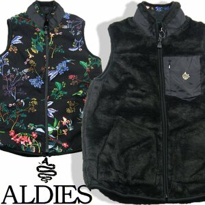 新品 ALDIES 【リバーシブル】 花柄 フリース ジップ ベスト 黒 S アールディーズ ★345053 アウトドア キャンプ フェス ユニセックス 秋冬