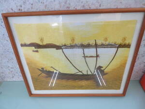  antique scenery cloth thread picture ( frame approximately 36×44) living * interior used beautiful goods!8