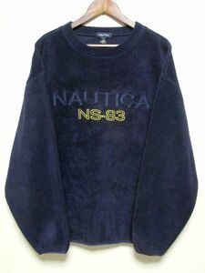 ★USA製★90's NAUTICA ノーティカ クルーネック フリース プルオーバー XL★ネイビー ビッグサイズ 刺繍ロゴプリント 90年代 アメリカ製