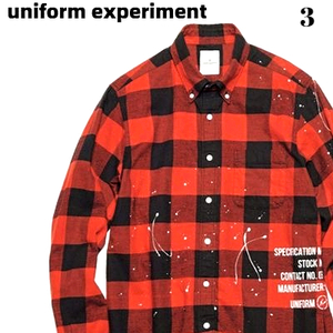 3 新品【uniform experiment FLANNEL CHECK DRIPPING B.D SHIRT UE-202051 RED ユニフォームエクスペリメント フランネル チェックシャツ】