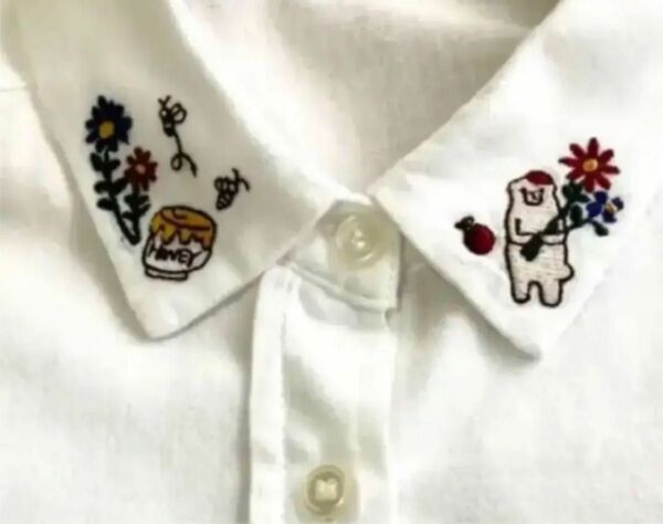 白シャツ　くまの刺繍　 長袖シャツ