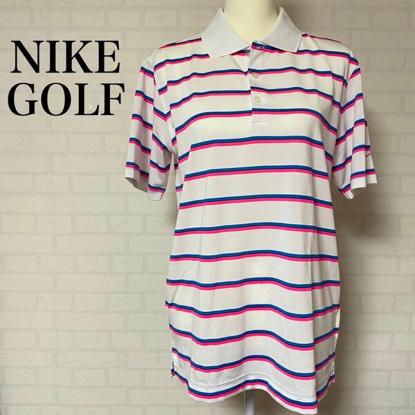 NIKE GOLF ナイキゴルフ ゴルフウェア 半袖 Mサイズ ボーダー ロゴ刺繍 ピンク メンズ
