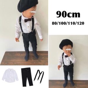 子ども服 90 ノーカラーシャツ パンツ サスペンダー セット フォーマル キッズ