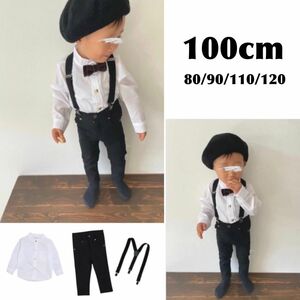 子ども服 100 ノーカラーシャツ パンツ サスペンダー セット フォーマル お洒落 キッズ