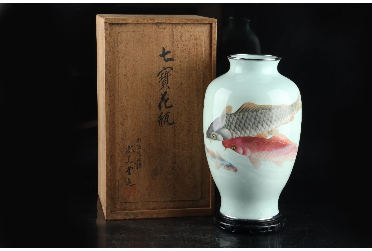 メーカー直売 有線七宝花瓶 銀線菊図 銀張梅雀図 希少六面取り 飾り