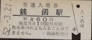 函館本線　銭函駅「６０円券」入場券　S52.-3.21