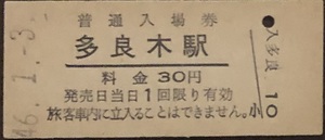 湯前線（現：くま川鉄道）　多良木駅「30円券」入場券　S46.-1.-3