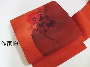 美品　名古屋帯　作家物　紬　真綿　9寸　花文様　薄紅色