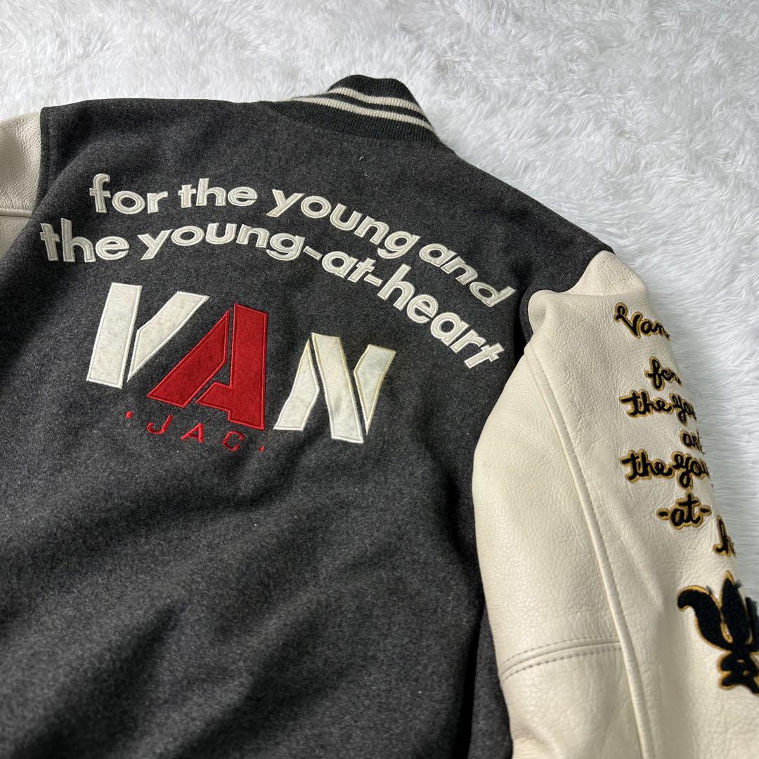 激レア VAN JACKET セミデコ スタジャン 灰×白 袖レザー S(中古)の