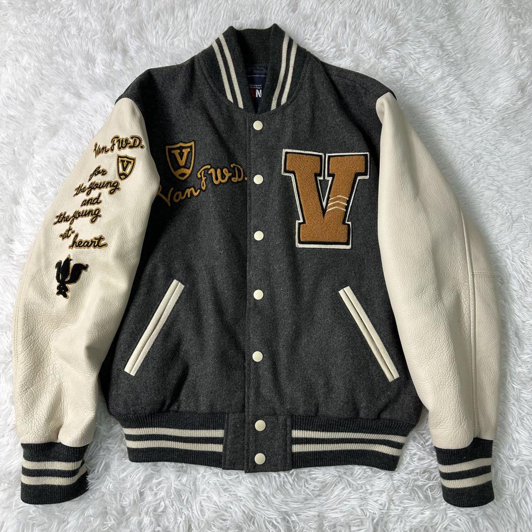 激レア VAN JACKET セミデコ スタジャン 灰×白 袖レザー S(中古)の