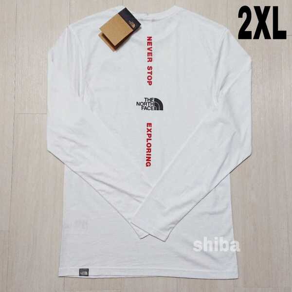 THE NORTH FACE ノースフェイス 海外限定 長袖 ロンT ロングtシャツ ホワイト 白 赤ロゴ バーティカル 海外2XLサイズ