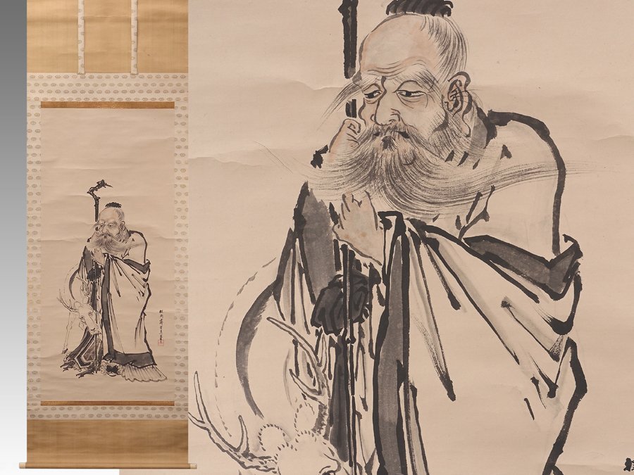 オンラインストア売上 模写 室町-江戸時代 水墨画 仙人と鹿図 肉筆保証