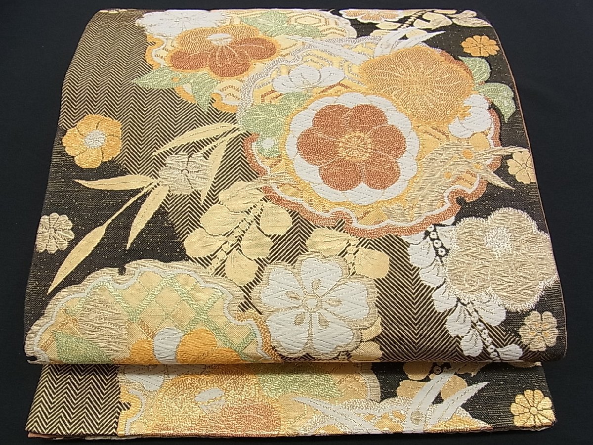 名入れ無料】 金糸光る横縞に草花文✿証紙✿正絹六通高級袋帯