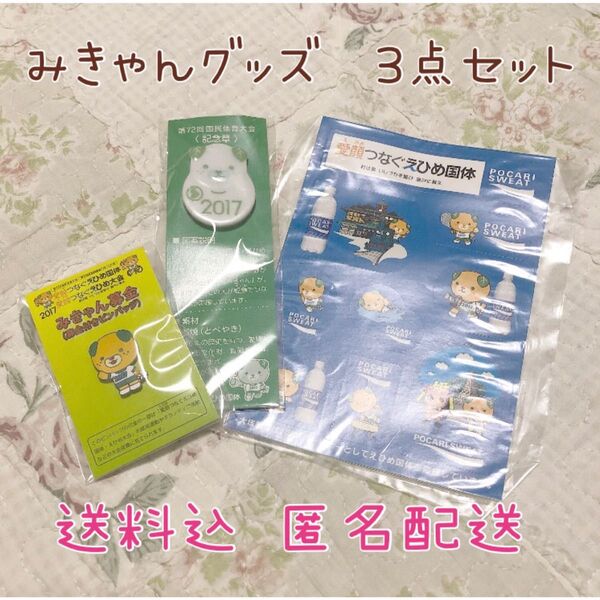 匿名配送☆未使用 みきゃんグッズ3点セット☆2017えひめ国体 砥部焼ピンバッジ シール ステッカー ゆるキャラ