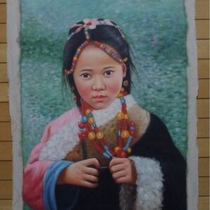 本日特別 H095 特大サイズ 手描き油絵 (民族衣装 少数民族 美人 女性 人物画 油彩)在銘「楊克山」