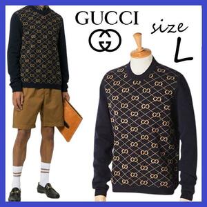 参考価格171,000円 GUCCI グッチ GG ニット セーター ウール アルパカ L トップス INK/MC 626288-XKBFB-4795 イタリア製 ネイビー ベージュ