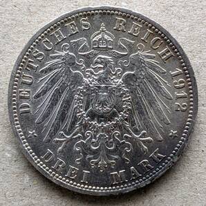 1912年 ドイツ プロイセン ヴィルヘルム2世 3マルク 銀貨 EF ベルリンミントの画像2