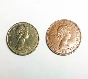 ニュージーランド 1962, 1967 クイーンエリザベス2 古い 硬貨2枚◆zc-6