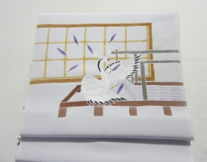 Art hand Auction [Die Gunst des Kranichs] Hama Chirimen-Seide ◆ Komplett handbemalte Yuzen-Färbung ◆ 9-Zoll-Obi-Stoff aus Nagoya ◆ Ungeschneidert, Band, Nagoya Obi, Ungeschneidert