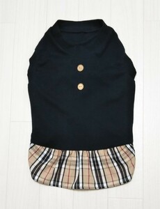 中型犬-ショート丈　犬服（胴回り約62センチ）　黒×ベージュタータンチェック　ワンピース風タンクトップ　ハンドメイド