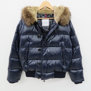 #wnc モンクレール Moncler ブルガリ ダウンジャケット 1 紺 ダブルジップアップ ボタン ファーフード付き 美品 メンズ [790920]