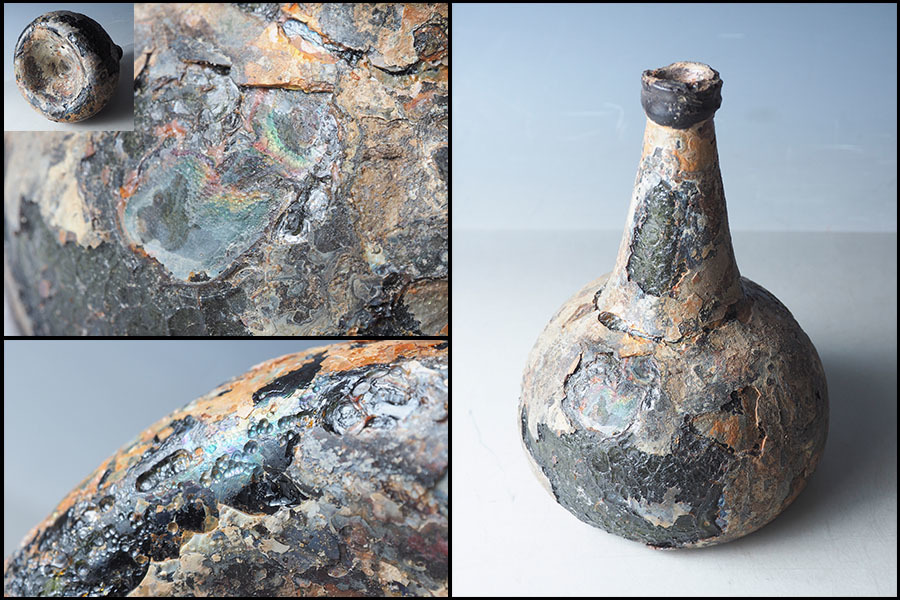 ◇錵◇2 時代 古代ガラス ローマンガラス 小瓶 7cm 箱付 燈火器 香油瓶 