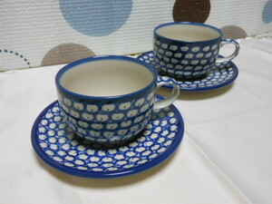 ポーランド製 永久コレクションとして常設展示される｢ドヌーブ｣ 美しい藍色で手描きのピーコック･アイ総柄 碗皿2客 未使用品, 茶器, カップ&ソーサー, コーヒーカップ