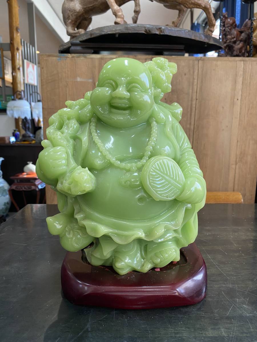布袋様 置物 緣起物 瑪瑙 翡翠 彫刻 商売繁盛 台座 屏風3点 neuroid