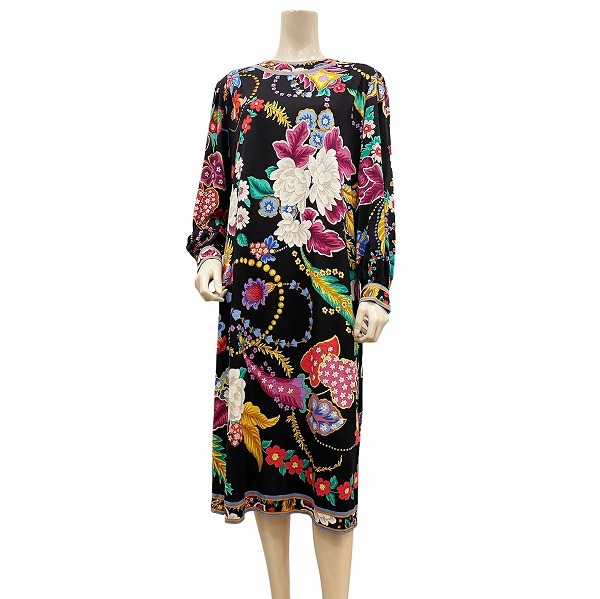 QM極美品☆レオナール*LEONARD☆黒/カラフルお花プリント☆絹シルク混