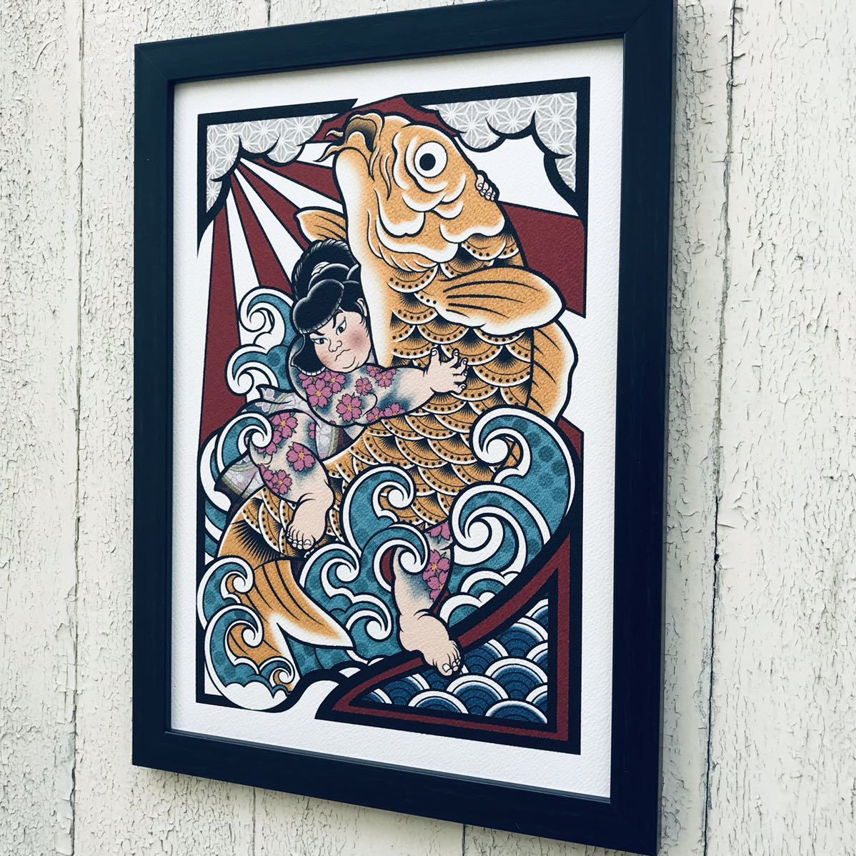 Oku مخصص Ukiyo-e Rikinosuke Oniwaka Carp Catcher A4 حجم أسود إطار ياباني نمط اللوحة موجة الكارب الفن إطار مؤطرة محظوظ سحر الوشم, تلوين, أوكييو إي, مطبعة, صورة المحارب