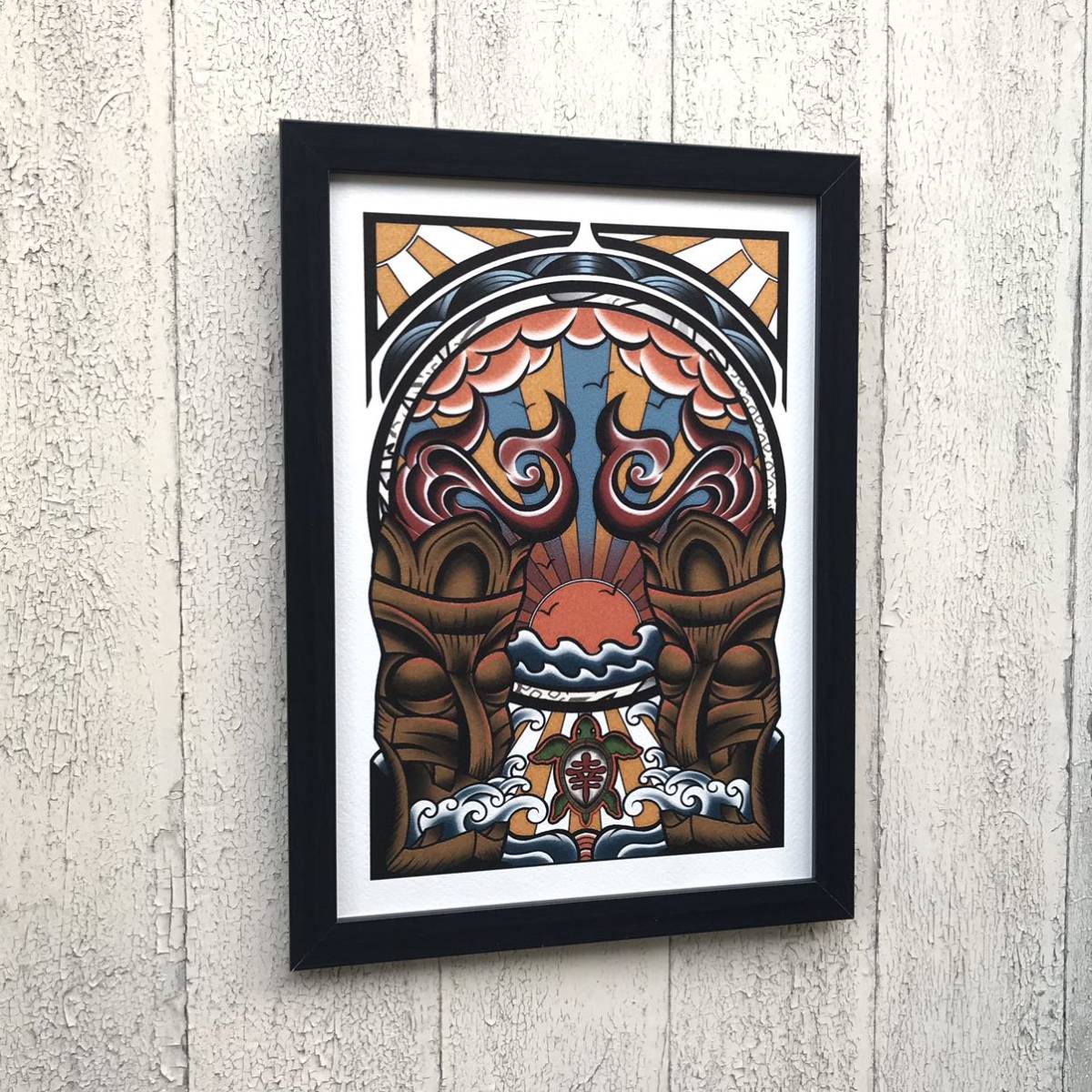 Queue neuf, illustration de bonne chance, tiki et tortue de mer, Format A4, cadre noir, bonne chance, tropical, illustration de la mer, Dieu, bonne chance, illustration originale, Ouvrages d'art, Peinture, autres