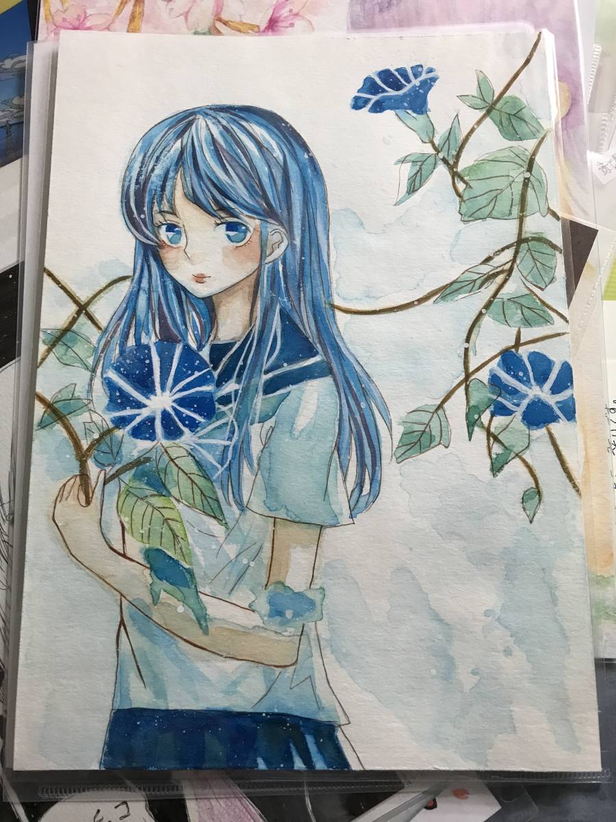 Morning glory and girl/handwritten illustration, comics, anime goods, hand drawn illustration