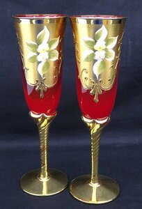 ベネチアングラス シャンパングラス 2客 赤金 金彩 花盛 イタリア ムラーノ フラワーモチーフ
