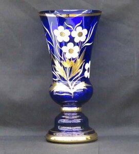  Czech bohe mia glass vase flower base cobalt blue book@ gold paint flower . flower vase 