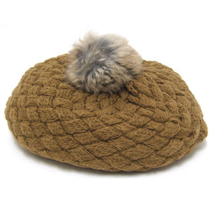 ベレー帽 クロス編み 取り外せるリアルファー ボンボン 帽子 レディース 秋冬 ニットベレー ベージュ knit-1342-02