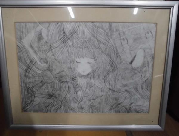 Image 7907 Bois - Dessin à la plume et au crayon d'une jeune fille, environ. 34 x 44 cm, Ouvrages d'art, Peinture, autres