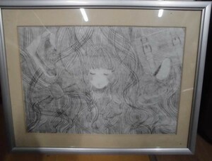 絵7907木－ペン画　鉛筆画　　少女　　約34×44cm