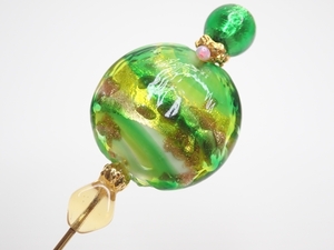 L144　ヴィンテージ ピンブローチ　ムラーノガラスピン　グリーンカラー　ラペルピン　12cm　アクセサリー　Vintage　brooch