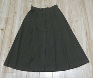 ◆ グリーン系 WOOL ウール フレアスカート ◆ 暖か スカート シンプル ボタン飾り ウエスト 60～65㎝ ◆ USED ◆