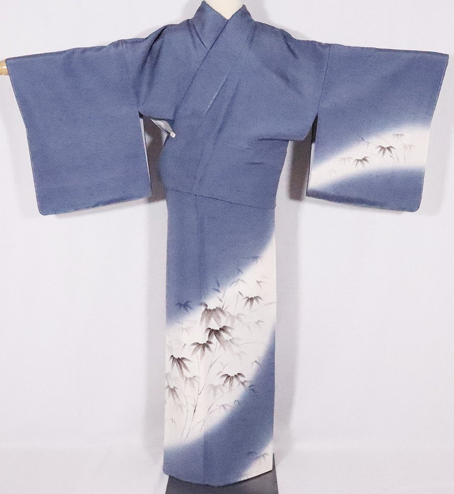 Zenmai Tsumugi Homongi, Pure Silk, Blue-Gray, Gradient, Hand-Painted Bamboo, Size L, ki26480, Kimono, Silk, Women's, All Seasons, Free Shipping, Brand New, Comes with Certificate, Women's kimono, kimono, Visiting dress, Ready-made