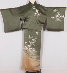 訪問着 正絹 緑 橙色 暈し 桜 草花 身丈156cm 裄丈67cm Sサイズ 13号 ki26177 美品 着物 レディース 入学式 卒業式 送料無料