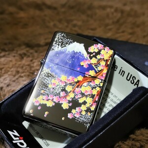 【和風柄ZIPPO】桜 富士山 鏡面ブラック 日本柄 ジッポ 写真が現物 格好いいジッポ 正規品 FUJI SAKURA JAPAN