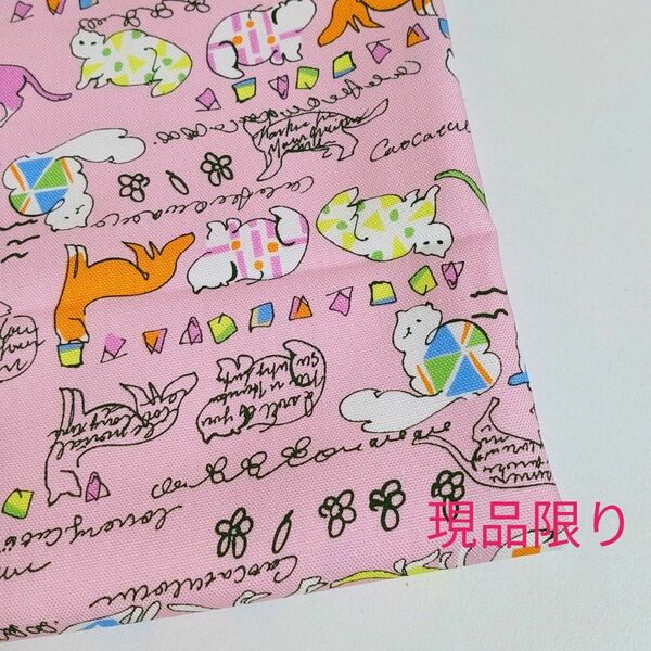 【カット済】　YUWA　ネコ　ピンク×カラフル　綿100　オックス　生地　50cm