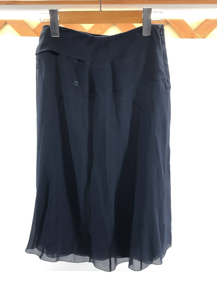 367)CHANEL スカート 34 黒/青 コットン ナイロン ココボタン 人気新品