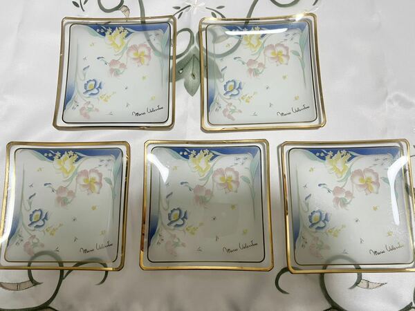 5枚セット！マリオ・ヴァレンチノ バレンチノ 花柄ガラスプレート お皿 金縁 正方形 角皿 食器 アンティークレトロデザート皿