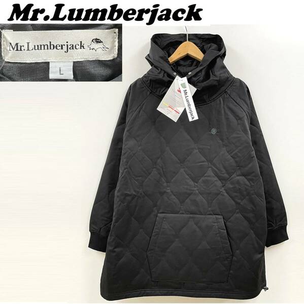 未使用品 /L/ Mr.Lumberjack キルティングパーカー ブラック 長袖 リブ 刺繍 ハイネック 暖かい 薄中綿 ビックシルエット ランバージャック