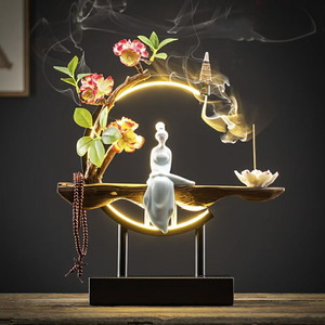 送料無料★お香立て LED 送料無料 花 座る 女神 木製 数珠 ライト AiO