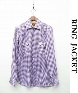 J238/美品 RING JACKET リングヂャケット 長袖シャツ リネン100% ウエスタン チェック 胸ポケット S 紫 白 日本製 春夏