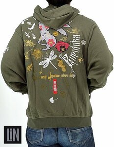 黒菟華 落葉変形パーカー◆LIN カーキMサイズ AL-759018 和柄 和風 兎 うさぎ ウサギ 刺繍 男女兼用