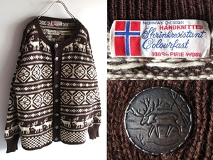 希少 80sビンテージ NORWAY DESIGN HANDKNITTED メタルボタン トナカイ柄 フェイアアイル ウール ニット カーディガン 男女着用可 EURO古着